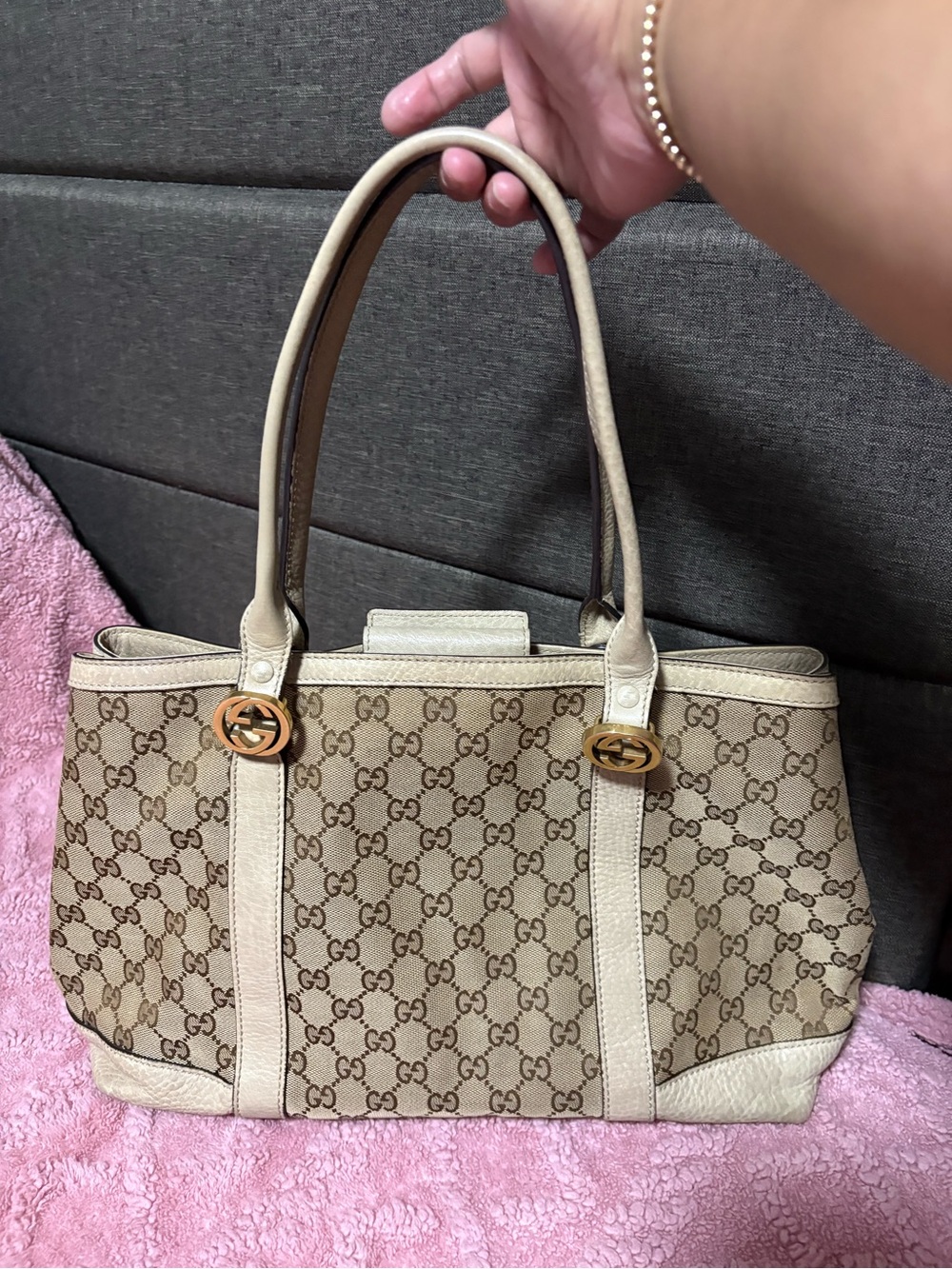 Gucci Beige GG Canvas Shoulder Tote with Cream Trim and Gold Hardware